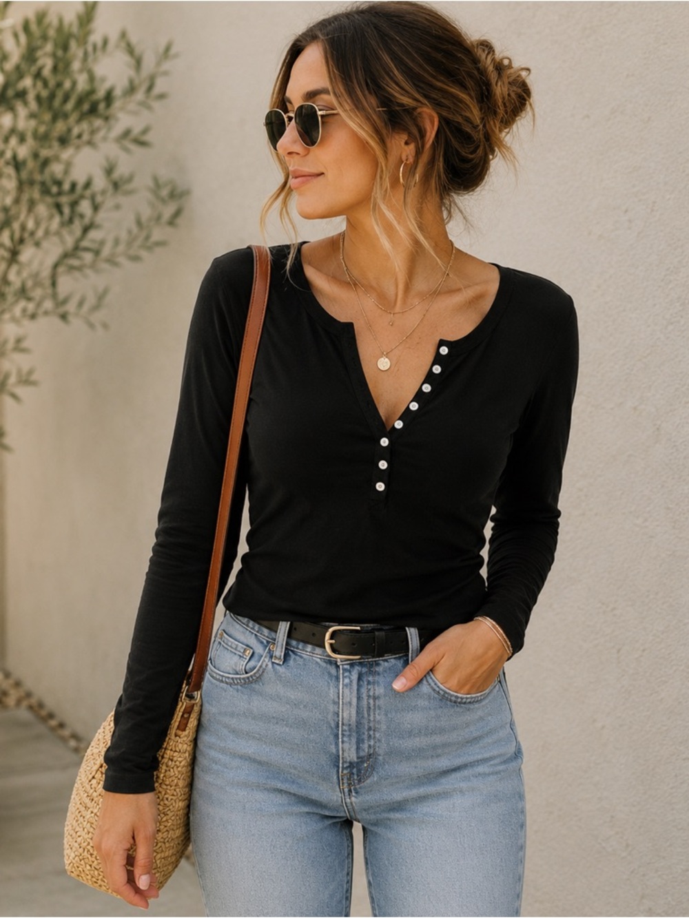 Mossimo Supply Co. Black Long Sleeve Henley with Button Placket